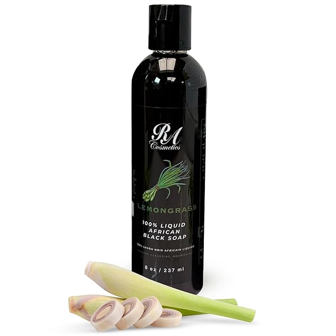 RA COSMETICS Liquid African Black Soap with Lemongrass – Traditional West African Cleanser with Shea Butter & Coconut Oil – Face, Body & Hair Wash for Daily Use – No Artificial Fragrances – 8oz
