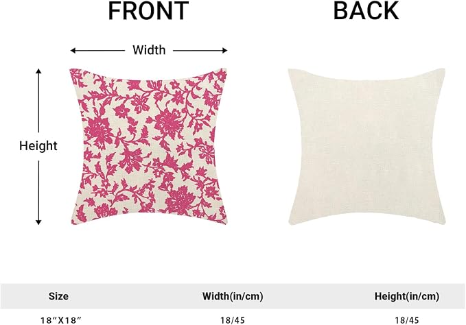 Floral Pillow Covers 18x18 Inch Set of 2 Block Print Hot Pink Flower Throw Pillow Covers Outdoor Decor Boho Vintage Flower Decoration Pillowcase Farmhouse Decorative Cushion Cover For Sofa Couch