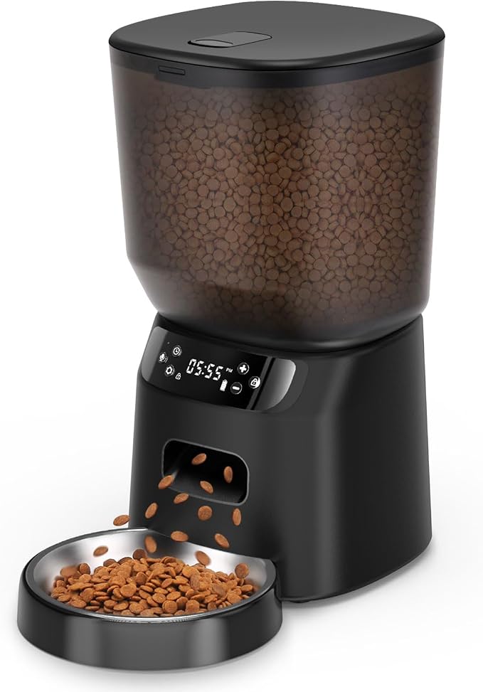 Automatic Cat Feeder, Cat Food Dispenser with Stainless Steel Bowl, Timed Portion Control 20 Portions 6 Meals Per Day, Voice Recorder, Dual Power Supply for Small Dogs