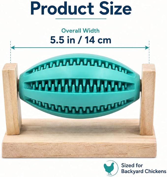 Chicken Treat Dispenser Toy for Coop and Run, 5.5 in Rotating Treat Ball with Wooden Stand, Slow Feeder Foraging Toy for Hens and Backyard Chickens