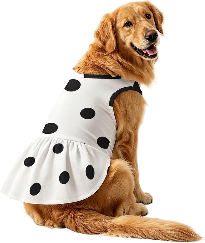 Large Dog Dress - Girl Pet Clothes Outfit, Black Polka Dots Pri A2 | Poly Blend,Soft Breathable,Large Dog Dress,Ruffle Hem,Summer Wear,Vest Apparel,Walking,Party,HolidayLightweight,Easy Care
