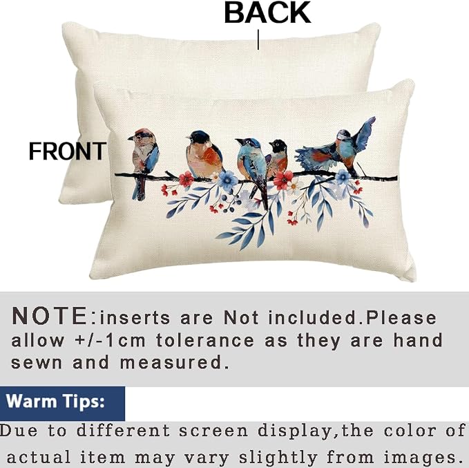 RABUSOFA 4th of July Memorial Day Patriotic Lumbar Throw Pillow Cover,12x20 Inch Red White and Blue Birds Flowers Independence Day American Fourth of July Decoration for Sofa Couch