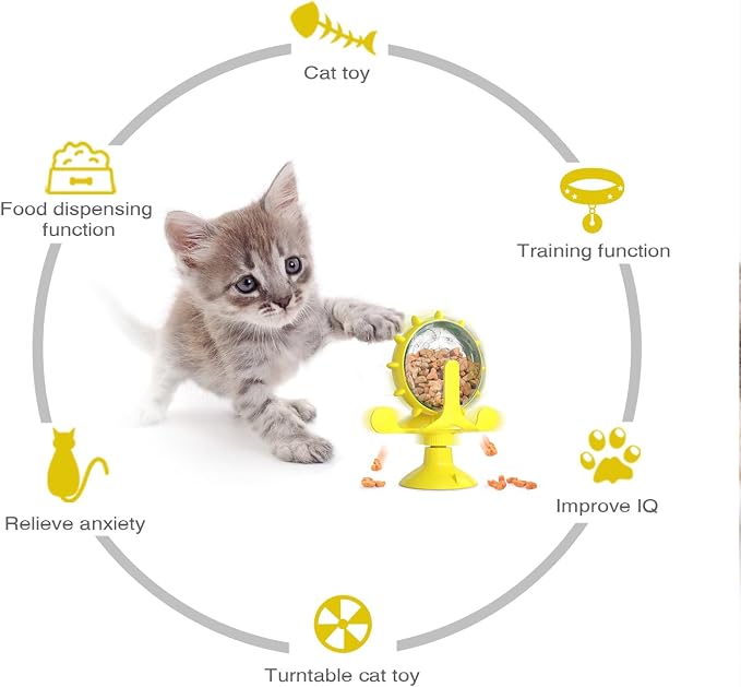 Interactive Cat Slow Feeder, Rotating Durable Dog Puzzle Toy, Mental Stimulation Treat Dispenser with Powerful Suction Cups for Cats and Dogs (Yellow)