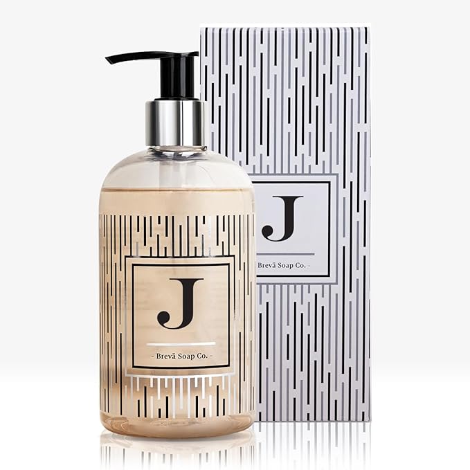 Brevä Soap Co. Monogrammed Luxury Liquid Hand Soap | Choose from Letters A to Z | Citrus Bloom Scent | Personalized Liquid Hand Wash for Bathroom & Kitchen |12 oz - Letter J
