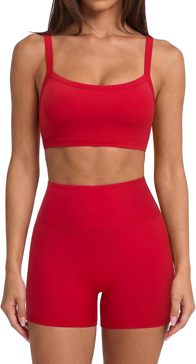SUUKSESS Women Padded Workout Sets Adjustable Straps Sports Bra Tummy Control Biker Shorts