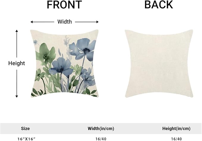 Spring Floral Pillow Covers 16x16 Inches Set of 2 Green Blue Floral Throw Pillow Covers Outdoor Rustic Summer Flower Decoration Pillowcase Farmhouse Decorative Cushion Cover for Couch Sofa