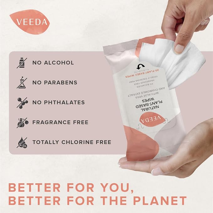 Veeda Plant-Based Feminine Wipes – pH-Balanced, Hypoallergenic & Biodegradable Wipes for Sensitive Skin, Fragrance-Free Travel Sized Wipes – 60 Count