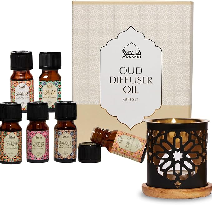 Dukhni Oud Essential Oil Diffuser Blend & Candle Burner | 6 x 10ml Arabic Oils with Diffuser| Relax with Home Aromatherapy, for Relaxation, Massage & Candle Making, Islamic Gift