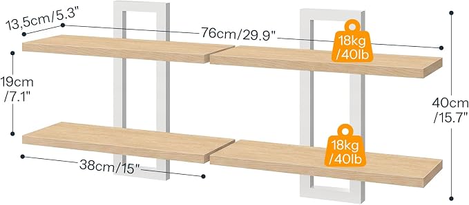HOOBRO 2-Tier Floating Shelves, 15 Inch Wall Shelf Set of 2 | Wall Mounted Storage Shelves, Hanging Bathroom Shelves, for Living Room, Bedroom, Bathroom, Kitchen, Natural and White