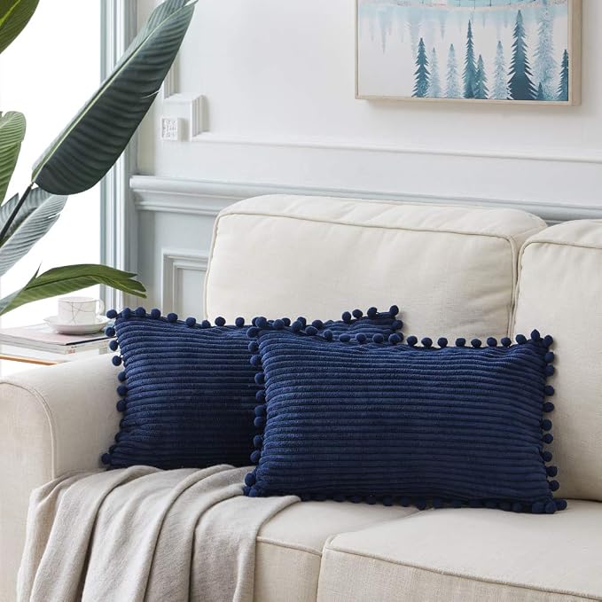Fancy Homi 2 Pack Navy Blue Lumbar Decorative Throw Pillow Covers 12x24 Inch with Pom-poms for Couch Bedroom Sofa, Farmhouse Boho Home Decor, Soft Corduroy Solid Rectangle Cushion Case 30x60 cm