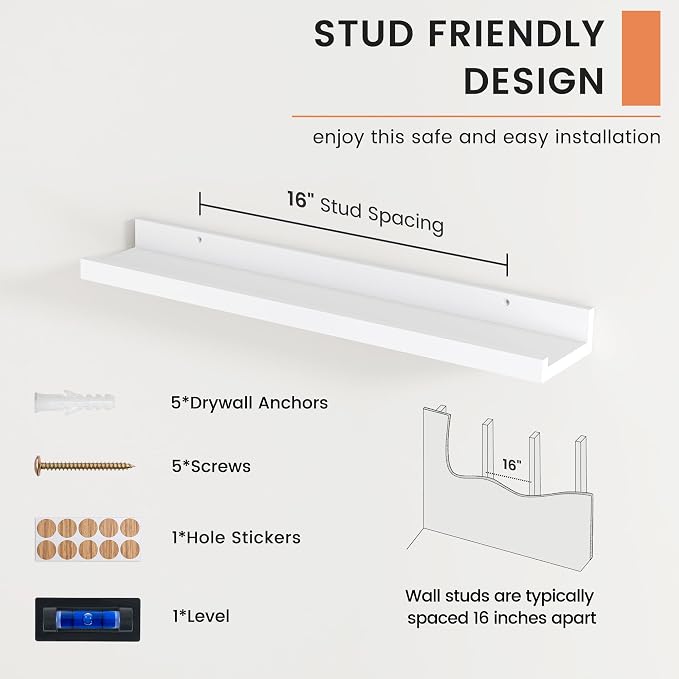 Picture Ledge Shelf, Floating Shelves for Wall, 24" W Set of 2, White | FSC Certified Engineered Wood, Wall Mounted Bookshelf, for Nursery Living Room Bedroom, Pre-Drilled, Easy Install