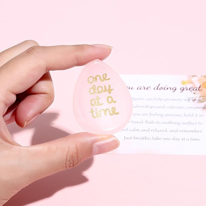One Day at A Time Rose Quartz Thumb Worry Stone for Anxiety Crystals Hand Thumb Stones Pocket Thinking of You Gifts for women Inspirational Worry Stones for Stress Relief Sobriety Gifts for Her