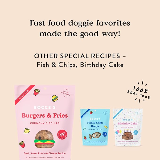 Bocce's Bakery Burgers & Fries Flavor Crunchy Biscuits Dog Treats, 5 oz | Oven Baked, Wheat-Free Everyday Dog Treat Biscuits - Made with Real, Limited Ingredients and Baked in The USA