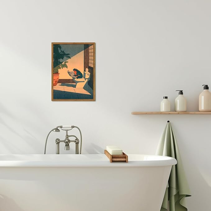 Funny Frog Bathroom Wall Art, Cute Japanese Frog in Toilet Wall Decor, Whimsical Green Animal Restroom Poster Canvas Painting Prints Artwork 12x16 inch Framed