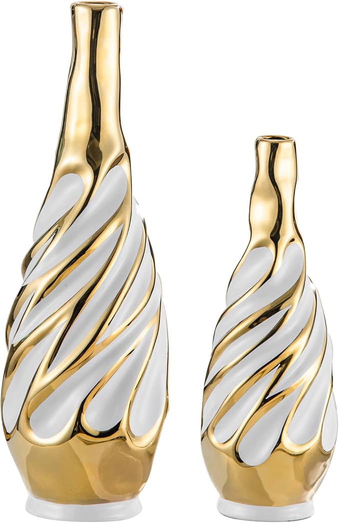Yundu Gold with White Vase Set of 2 | Pampas Grass Vase, Ceramic, Boho & Modern Centerpieces, Living Room, Shelf, Coffee, Home Decor