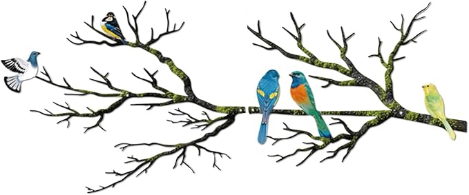 ESTART Metal Birds Wall Art, Metal Vivid Birds on Branch Silhouette Wall Decor Black Leaves with Bird Outdoor Hanging Wall Sculpture for Home Balcony Garden (Bright Color, Large)