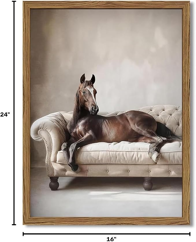 Framed Funny Horse Canvas Wall Art, Vintage Western Brown Horse On Sofa Pictures Wall Decor, Rustic Farmhouse Animal Paintings Prints for Living Room Bedroom Office Dorm 16x24 inch