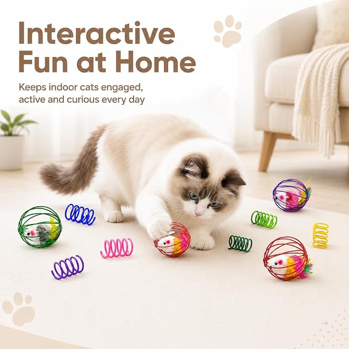 Cat Toys for Indoor Cats, 4 Wire Mesh Mice & 12 Colorful Springs