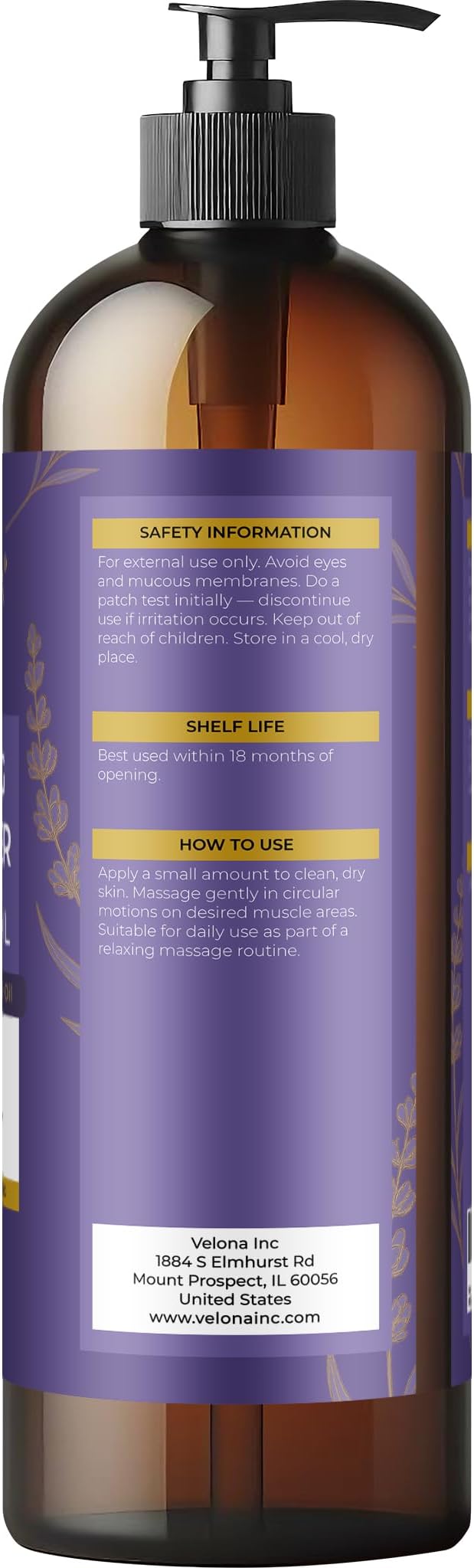 velona Lavender Massage Oil – 16 Fl Oz | Vitamin E & Lavender Essential Oil | Relaxing, Refreshing, Uplifting, Moisturizing Therapy Body Oil | Professional Spa & Home Massage