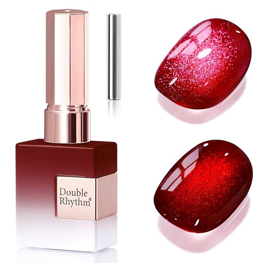 Double Rhythm 15ML Ice Glass Cat Eye Gel Polish with Magnet Holographic Glitter Shimmer Translucent Sheer Color Salon Soak Off Magnetic Nail at Home (Dark Cherry-MC1295)