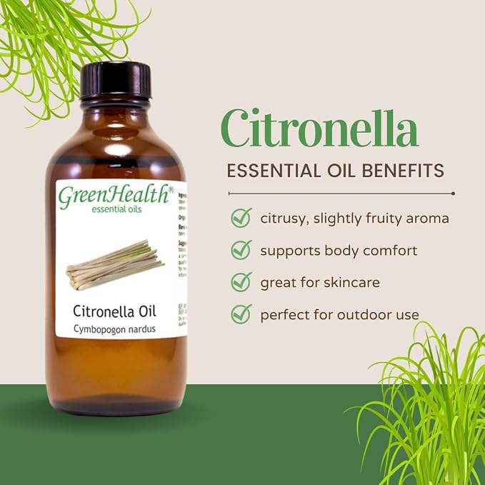 Citronella Essential Oil – 1/2 fl oz (15 ml) Glass Bottle w/Euro Dropper – 100% Pure Essential Oil – GreenHealth