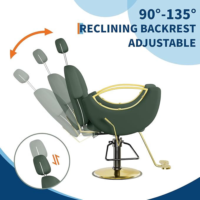 Barber Salon Chair, Reclining Salon Chair with Heavy Duty Hydraulic Pump, 360° Swivel and Height Adjustable, 330 LBS Capacity Spa Beauty Equipment Hairdresser Armchair for Barbershop- Green & Gold
