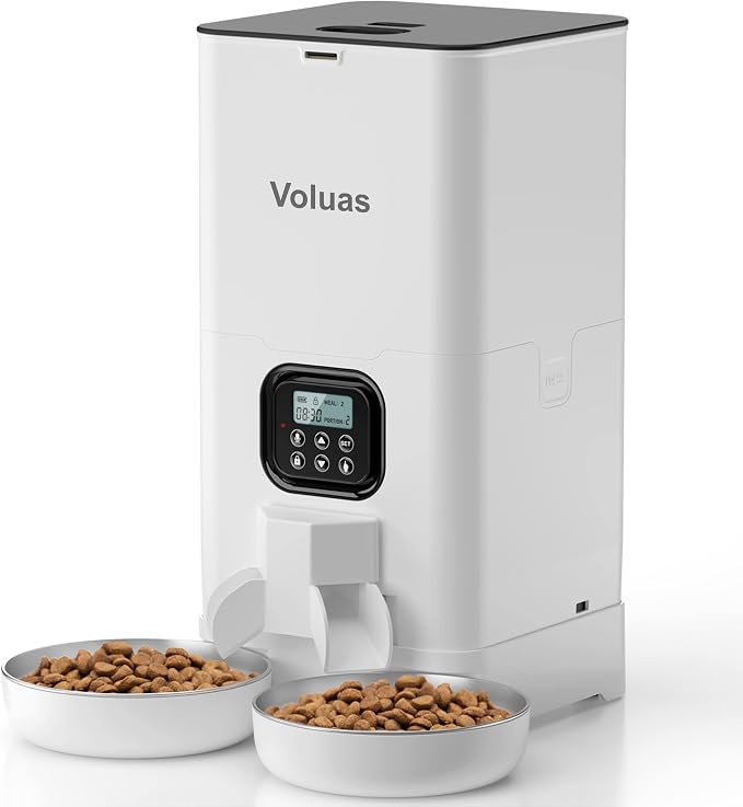 VOLUAS Automatic Cat Feeder for Two Cats with Dual Stainless Bowls, 6L | Programmable Portion Control, Timed Feeding, Memory Function, Dual Stainless Steel Bowls, 10-Second Voice Recorder