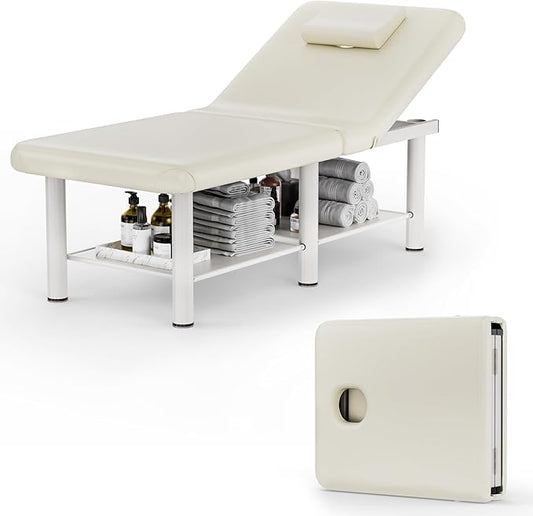 Olela Wide Foldable Massage Table - Professional Massage Table with Adjuatable Backrest & Large Storage Space, Treatment Tables with Metal Frame and Pu Leather for Spa, Beauty, Rehabilitation