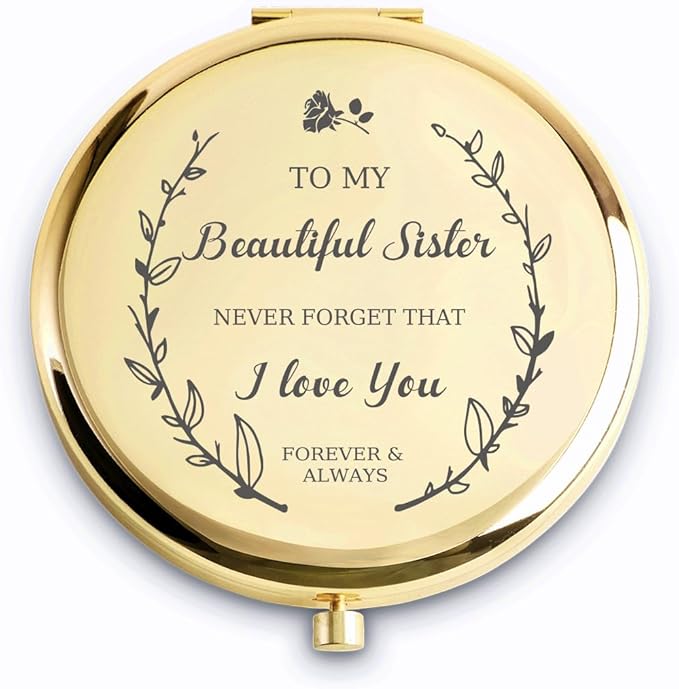Sister Gifts, Personalized Gift for Sister, Custom Compact Mirror, Goodie Bag & Basket Stuffers for Valentines Day, Mothers Day, Graduation, Birthday, Wedding