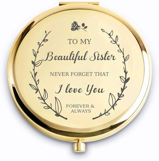 Sister Gifts, Personalized Gift for Sister, Custom Compact Mirror, Goodie Bag & Basket Stuffers for Valentines Day, Mothers Day, Graduation, Birthday, Wedding