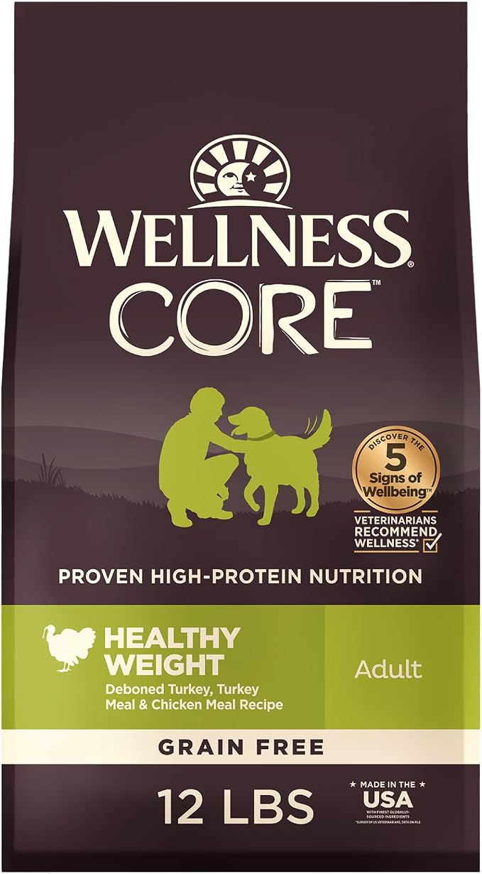Wellness CORE Healthy Weight Adult Dry Dog Food, Grain Free Kibble, Natural, High Protein, Turkey and Chicken Recipe, 12 lb Bag