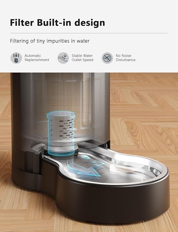 CZPET Dog Water Bowl Dispenser with Stainless Steel Bowl (8L+Filter,Black) | With Stainless Steel Bowl Gravity Waterer, Large Capacity and Drinking Area Noise-Free for Pets