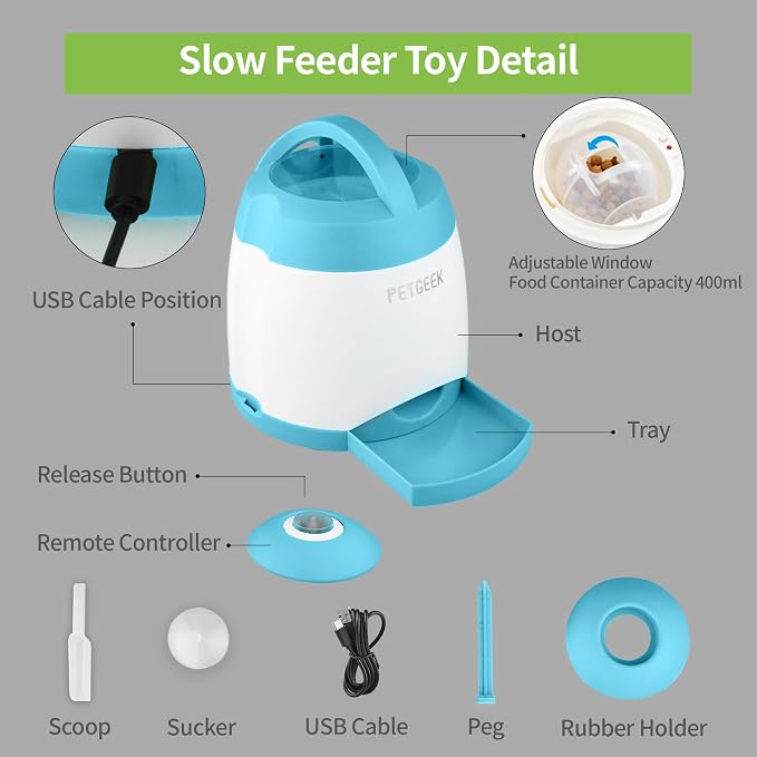 PETGEEK Dog Treat Dispenser Toy, USB-Charged Interactive Toy for IQ Play | Remote Push Button Control, 400ml Capacity Upgraded 3000mAh, Relieves Boredom, Blue Slow Feeder for Indoor& Outdoor Play
