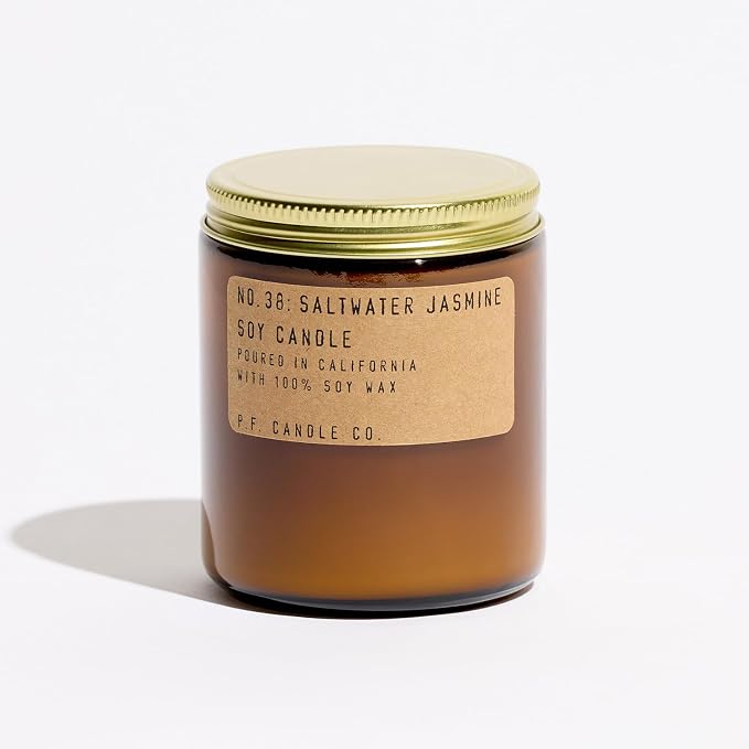 P.F. Candle Co. Classic Standard Scented Soy Wax Candle (7.2 oz) 40-50 Hour Burn Time, Amber Glass Jar, Made in The U.S.A. (Saltwater Jasmine)