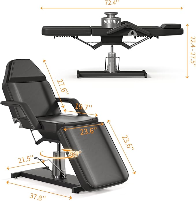 Hydraulic Tattoo Chair Bed for Client Spa Bed with Stool Height Adjustable Facial Beds for Esthetician Chair Aesthetic Treatment Table (Black Hydraulic Tattoo Chair)