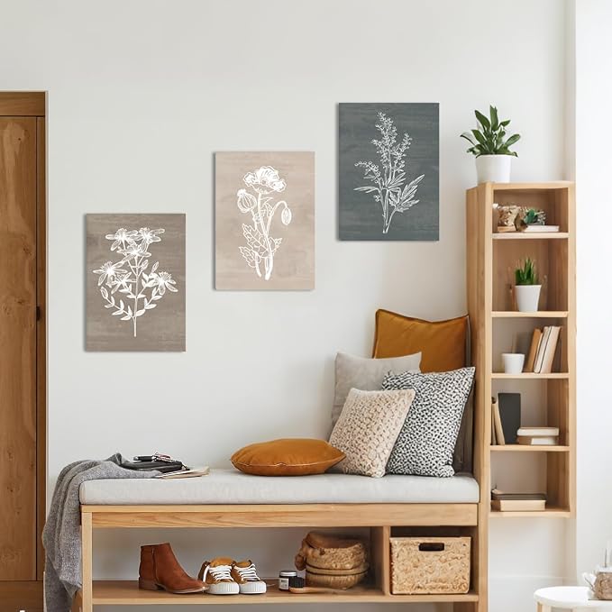BINCUE Neutral Botanical Plant Canvas 6 Pieces Rustic Farmhouse Wall Art for Living Room Bedroom and Bathroom,Canvas Paintings Print Set Decor 12"x 16"