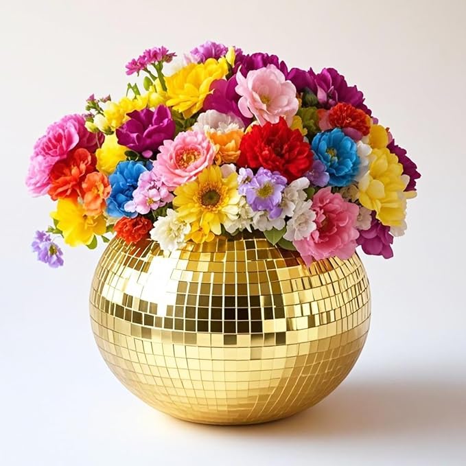 Disco Ball Vase Gold Mosaic Glass Mirror Ball Planter Disco Ball Planter for Centerpieces Disco Ball Decor Flower Vase with Silver Mirror Glass for Wedding Party Birthday, Disco Decor (5" X 6")