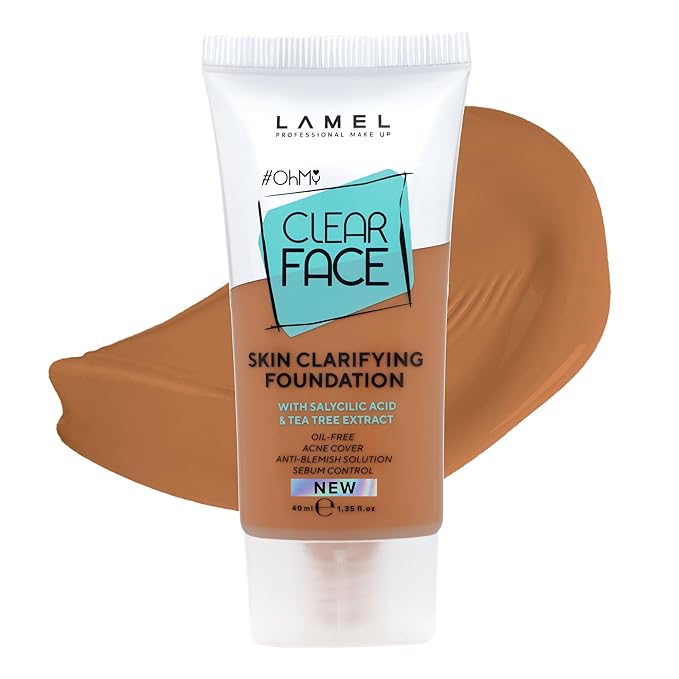LAMEL Oh My Clear Face Full Coverage Foundation for Oily & Acne Prone Skin, Salicylic Acid & Tea Tree Extract, Anti-Blemish Sensitive Skin Care, Organic & Oil-Free, 409 Mocha, 40 ml / 1.35 fl.oz