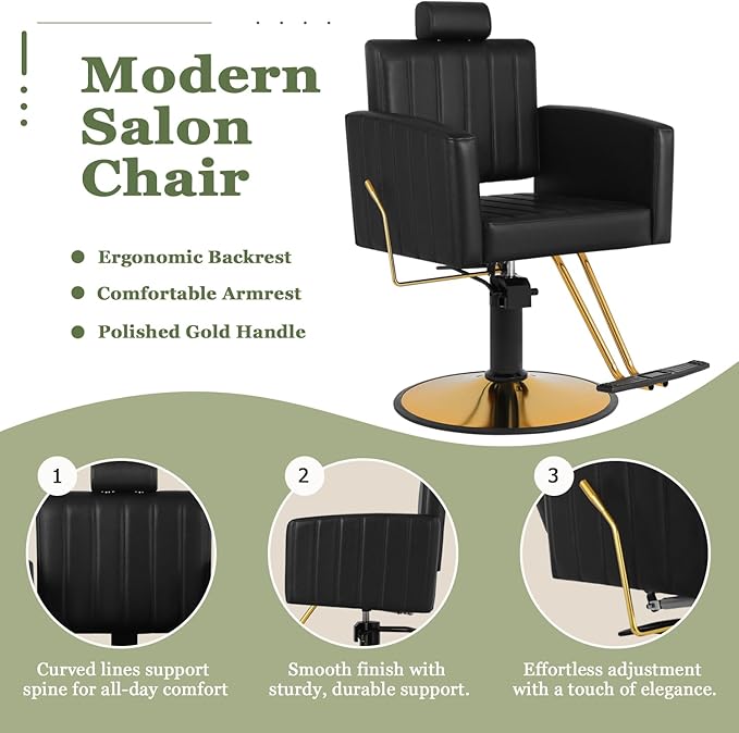 Black and Gold Salon Chair for Hair Stylist, Heavy Duty Hydraulic Barber Salon Chair with Vertical Stitch Design, 360° Swivel, Adjustable Height, Ergonomic Reclining Stylist Chairs for Beauty Salon