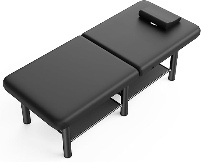 Folding Stationary Massage Table with Backrest and Storage Space for Treatment Table Physical Therapy Table Spa Facial Bed, 6 Round Legs Metal Frame PU Leather, 30.5'' Wide × 75'' Long - Black