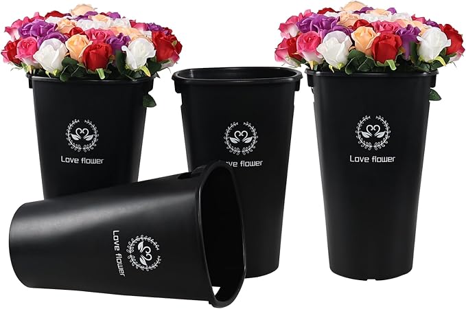 Teyyvn 4-Pack 15.75 Inch Plastic Floral Bucket, Flower Buckets, Black | Durable plastic flower pail, deep design for fresh cut flower hydration