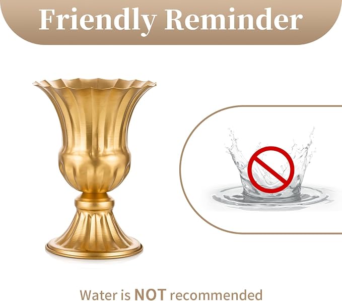 Sziqiqi Gold Metal Vase for Centerpiece, Table Flower Arrangements, 2Pcs | 9in Tall Compote Vase, Trumpet Urn Vase for Decoration, Planter Pot for Artificial Flower, For Reception, Home, Party Decor