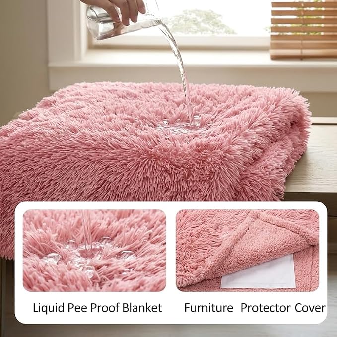 Pet Blankets Waterproof Fluffy Fleece Blanket Cat Dog Blankets Liquid Pee Proof Throw Blanket Reversible Furniture Protector Cover Washable for Couches Beds Sofa 65"x57" Pink