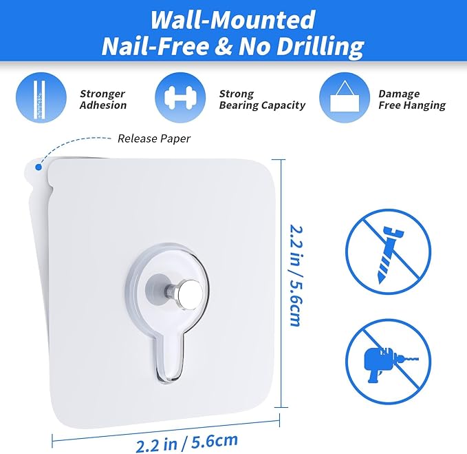 24 Pack Adhesive Wall Hooks, Wall Hangers Without Nails, No Damage Picture Hooks Waterproof and Rustproof to use Inside Kitchen, Bathroom, Home and Office（8mm）