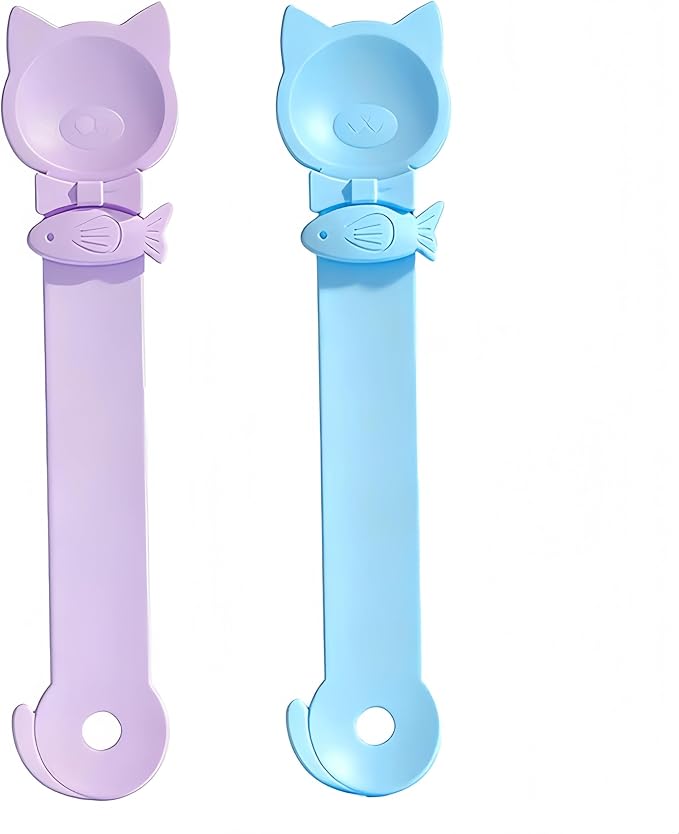 Tail-Shaped Cat Treat Dispenser - Squeeze Spoon for Wet Food & Cat Strips, Multi-Purpose Pet Food Can Accessory, Easy Clean (Pruple+Blue)