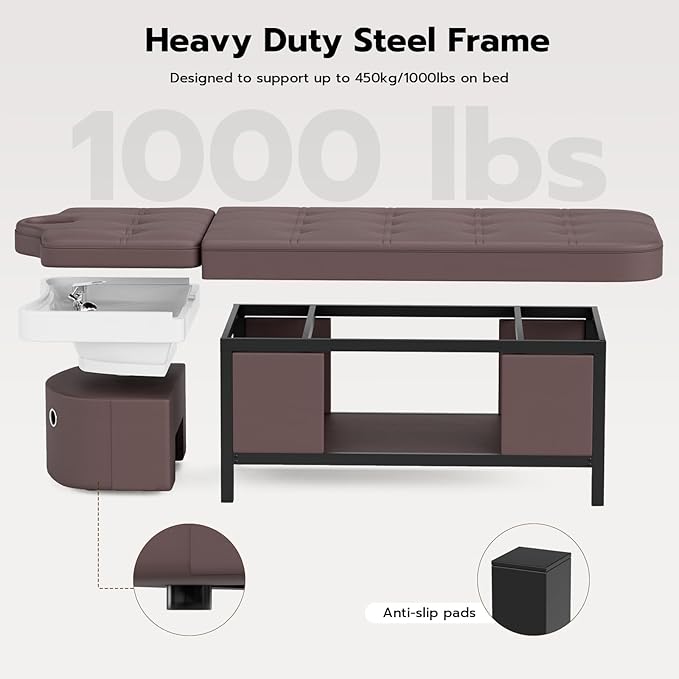 SyyBhb 2-in-1 Shampoo and Massage Bed with Waterfall Head Spa Equipment and Storage, Suitable for Barbershops Beauty Salon Spa Treatment Therapy Home Use, Brown