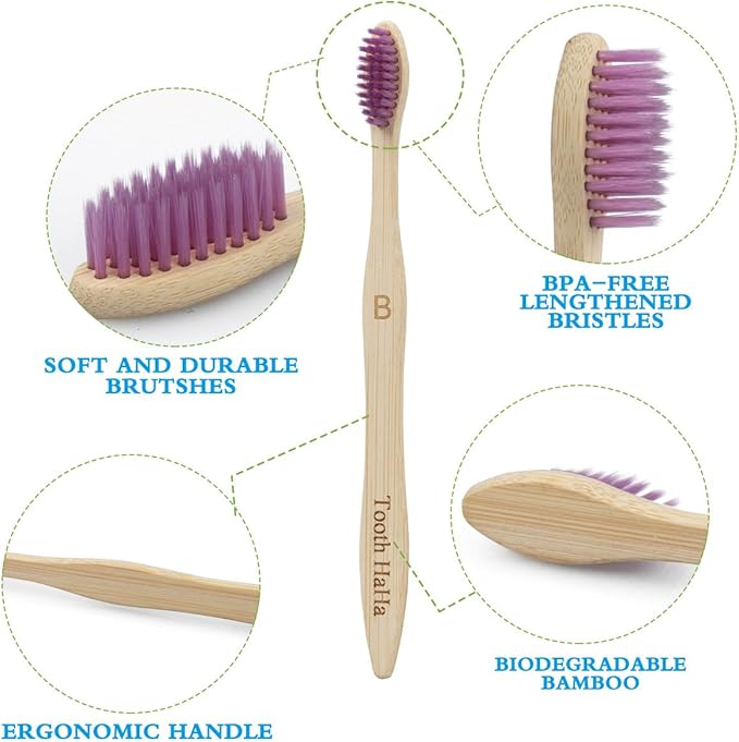 Tooth HaHa Bamboo Toothbrushes, 10 Pack BPA-Free Soft Tapered Bristles, Eco-Friendly, Natural Wooden, Green Toothbrush, Organic Toothbrushes Travel Set