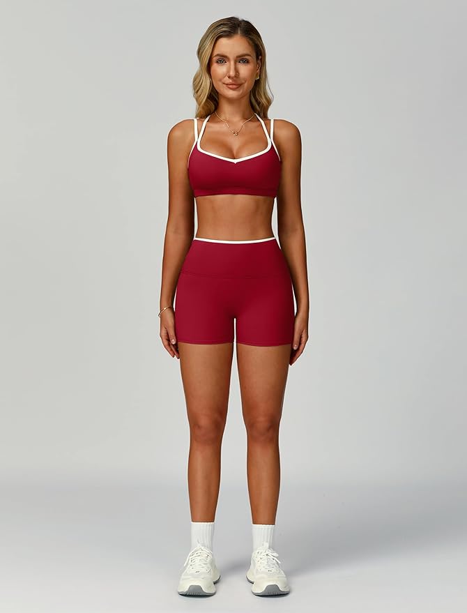 ABOCIW Workout Sets for Women 2 Piece Color Block Strappy Sports Bra High Waist Shorts Gym Yoga Pilates Outfits
