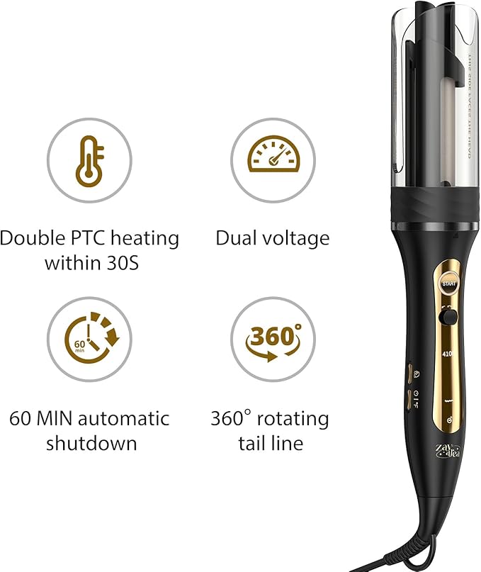 Zavarea Automatic Rotating Curling Iron for Long Hair - 1 Inch Curling Wand for Beach Waves & Loose Curls, Easy Hair Curler for Beginners, Anti-Scald & Frizz-Free, Dual Voltage for Travel