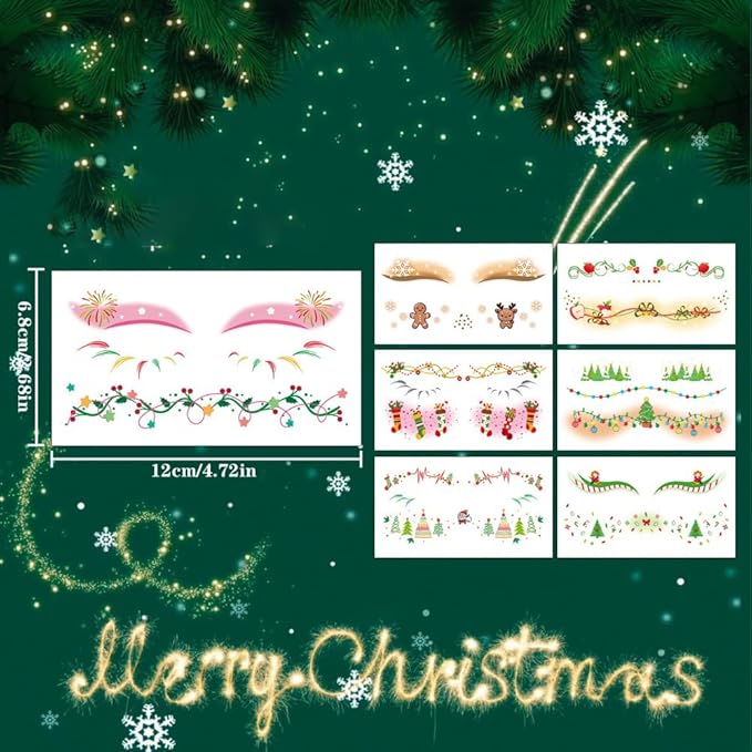 Christmas Temporary Tattoos Snowflake Christmas Tree Blush Face Tattoos Mixed Styles Cartoon Elk Eye Fake Tattoos Cute Holographic Stickers Waterproof Face Stickers for Girls Body Art Makeup 10 Sheets